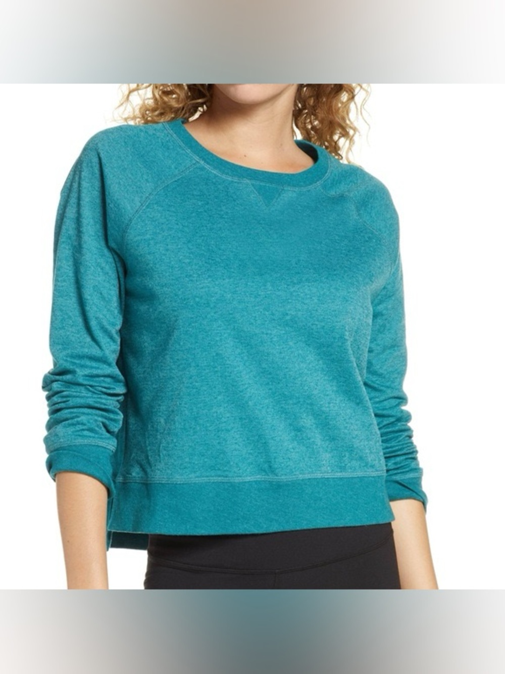 Sz M Sweaty Betty teal Chelsea Crop Sweatshirt Long Sleeve Pullover lightweight